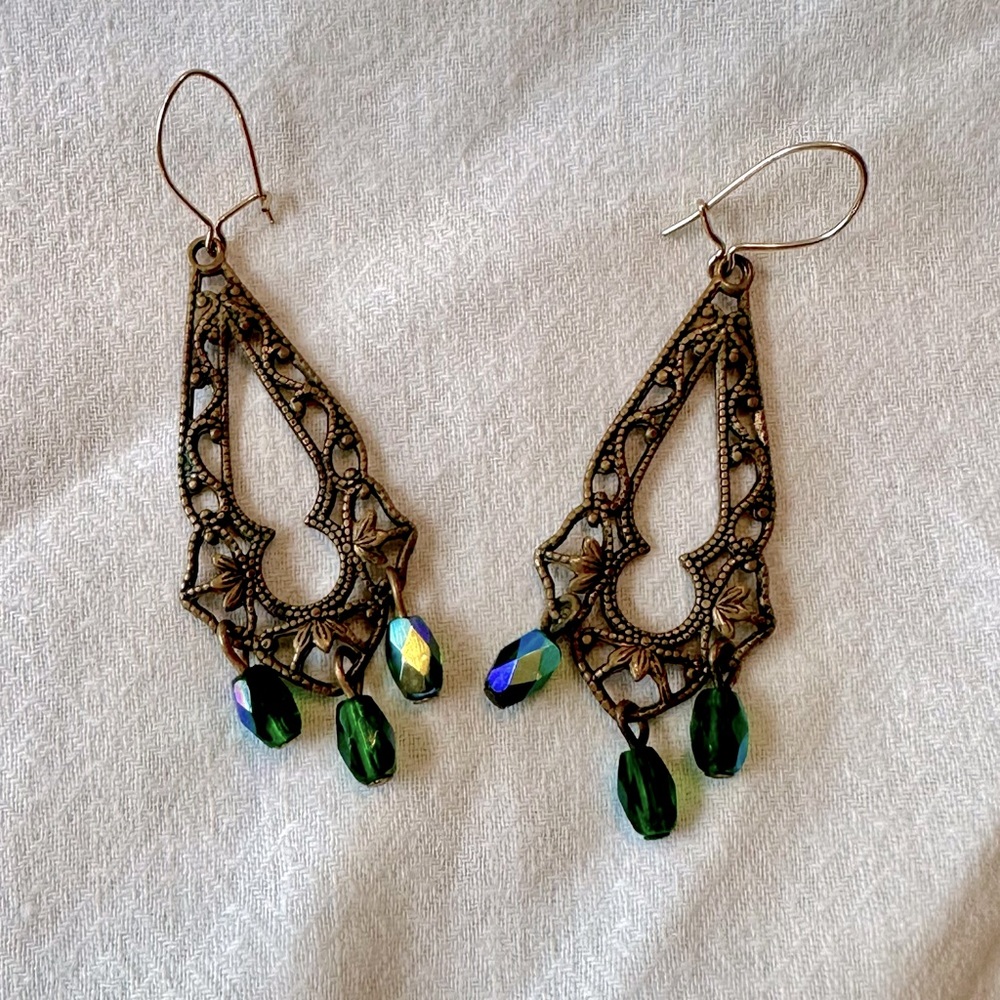 BOHEMIAN style earrings- iridescent green/teal color beads